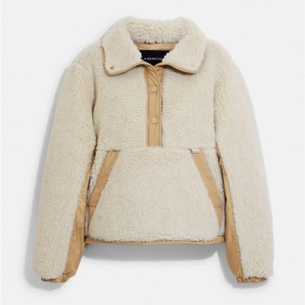 NWT COACH Sherpa Jacket Stand-Up Collar‎ Pull Over In Recycled Polyester Cream